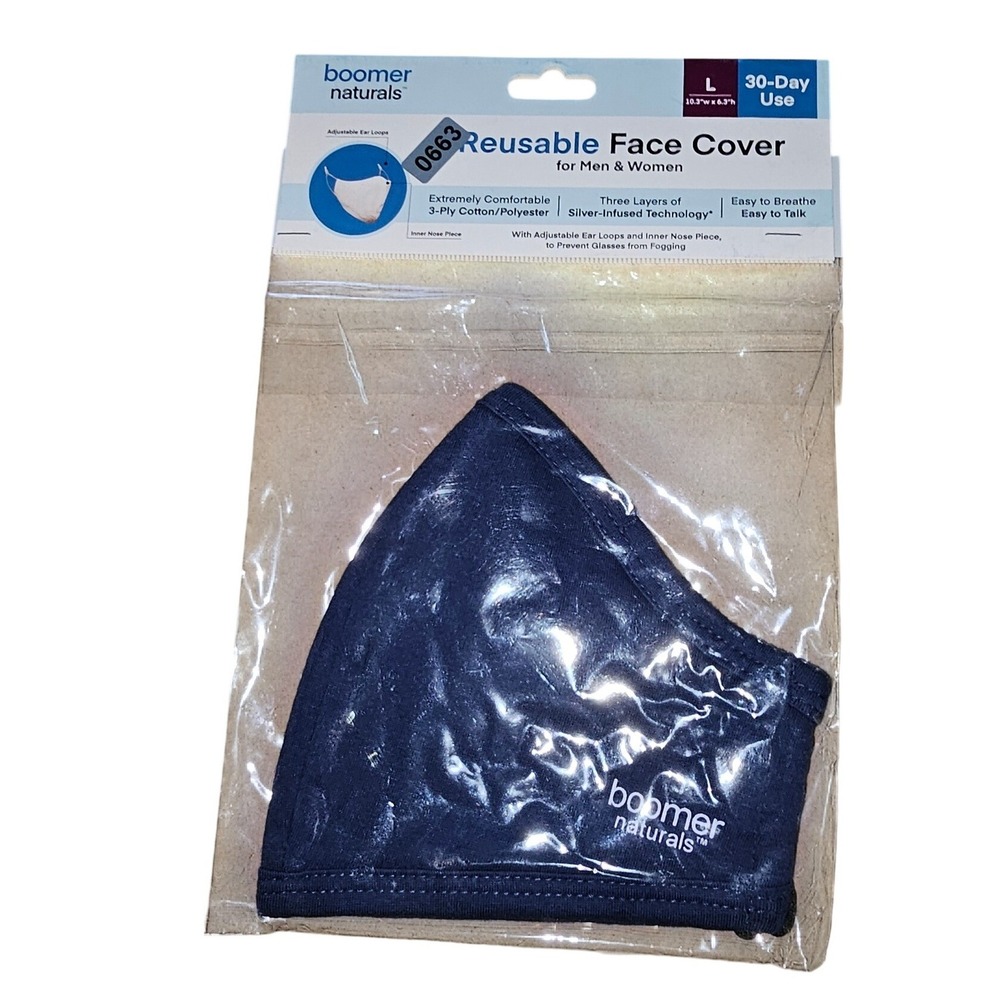 Boomer Naturals Reusable Face Mask Navy Blue Cotton Silver Infused Large 663,683